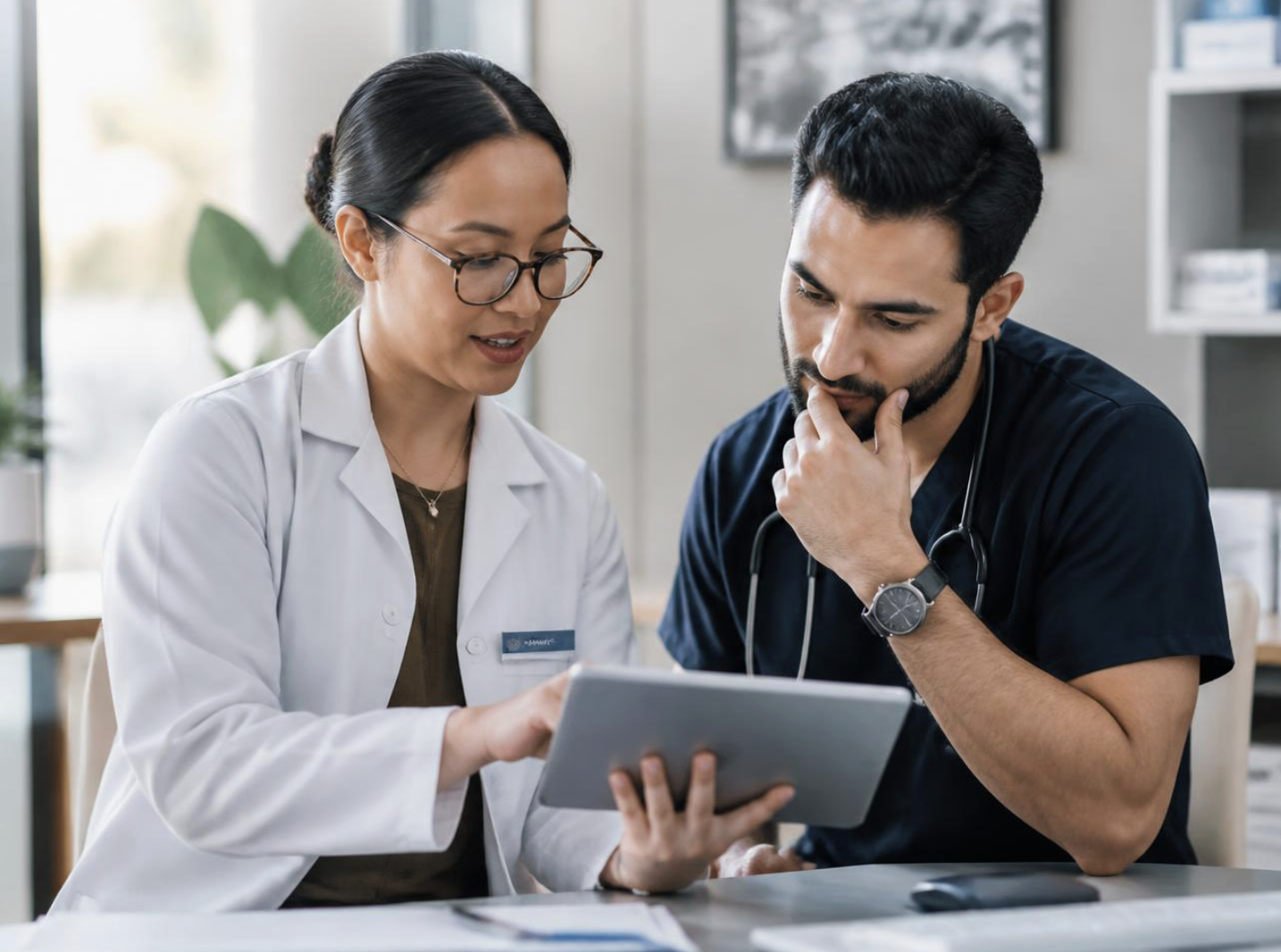 A pharmacist and a clinician reviewing patient information together on a tablet